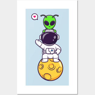 Cute Astronaut Siting On Moon With Alien Cartoon Posters and Art